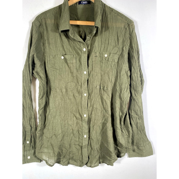 Chaps Top Shirt Size XL Button Up Gauzy Olive Green Boho Herbalist Minimalist - Picture 3 of 9